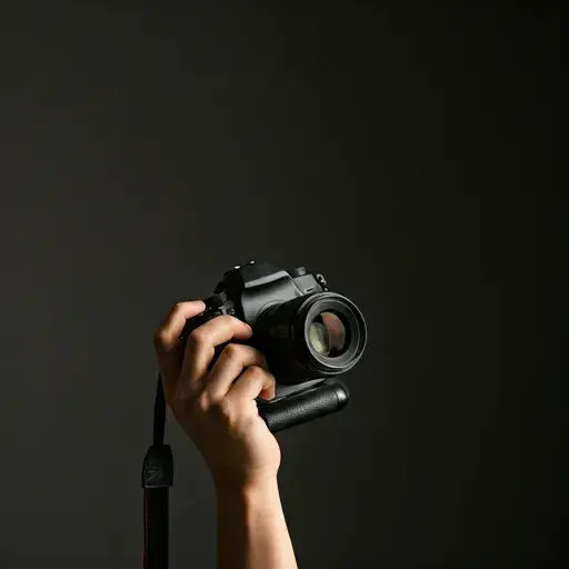Photographer holding a camera in a studio setting